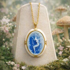 NWT Oval Cameo Lady Necklace Blue Cream Enamel Goldtone Metal Fairy Necklace